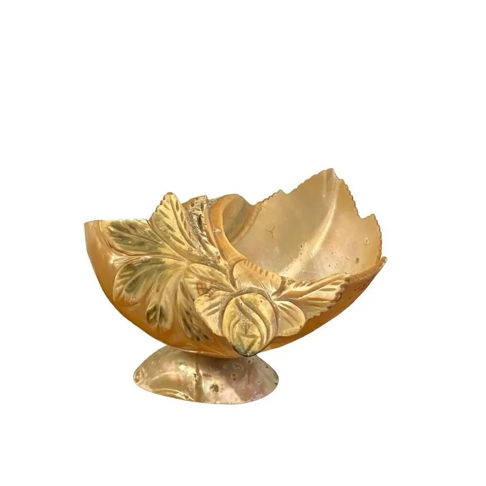 Victorian Hand Carved Conch Shell Basket Bowl Caviar Dish Mother of Pearl Antiq